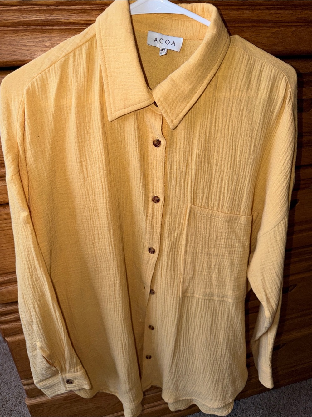 ACOA BUTTER YELLOW Minimalist Button GAUZY cotton shirt M L women’s big pocket